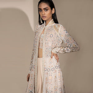 Multi-panel long layered jacket in pastel floral shadow work – romantic handcrafted outerwear, bridal couture flaired jacket.