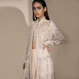 Multi-panel long layered jacket in pastel floral shadow work – romantic handcrafted outerwear, bridal couture flaired jacket.