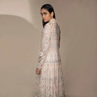 back view of Women's full-sleeve pastel flared jacket with intricate threadwork and high collar – bridal couture outerwear in soft floral shadow embroidery