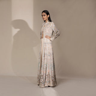 Women's pastel floor-length flared jacket with standing collar and floral shadow embroidery – bridal couture outerwear with handcrafted finesse