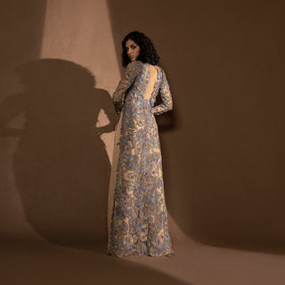 back view of Women's floral embroidered floor-length jacket with open back and sheer full sleeves – couture reception ensemble, flared silhouette