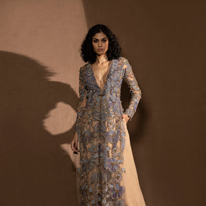 front shot of Women's mesh embroidered floor-length jacket with floral appliqué and full sleeves – designer couture layer, formal reception wear