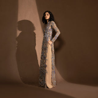 side shot of Women's floor-length embroidered jacket with side slit and sheer full sleeves – flared couture overlay, reception statement piece