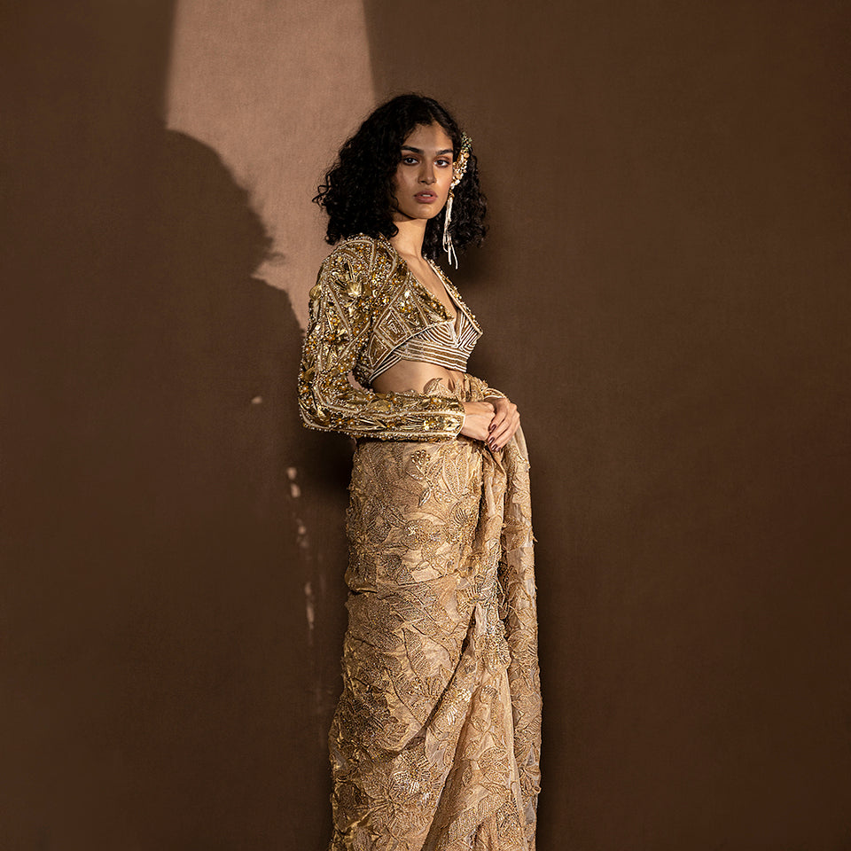 Multi-yoke blouse & Chanderi saree with embellished full sleeves shrug – traditional set with layered textures, pre-pleated draped saree, metallic saree