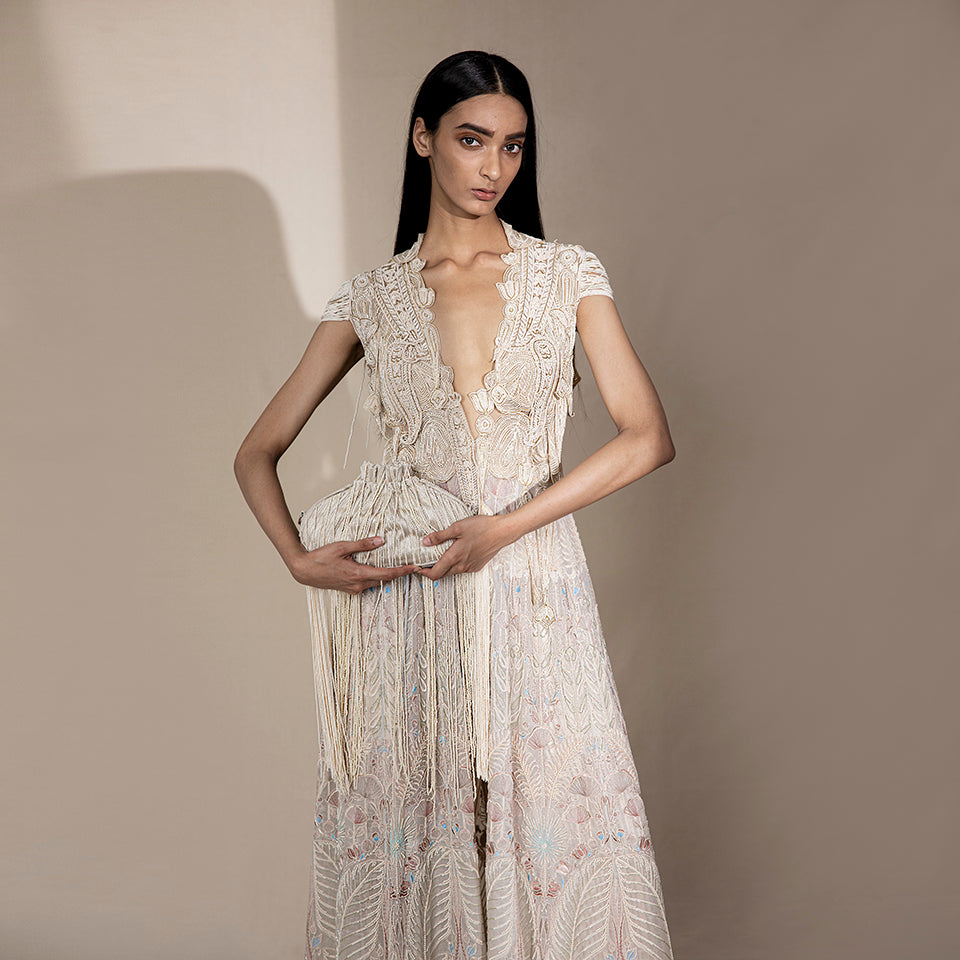 Multi-panelled floor-length jacket with pearl and bugle bead embellishment – regal couture jacket