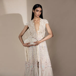 Multi-panelled floor-length jacket with pearl and bugle bead embellishment – regal couture jacket