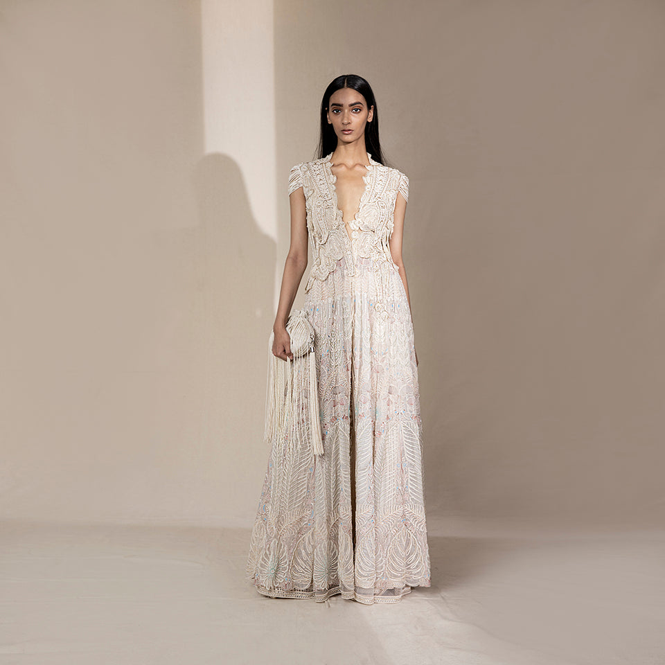Women's ivory multi-panelled floor-length jacket with pearl and bugle bead embroidery – regal couture layering piece for reception or gala events