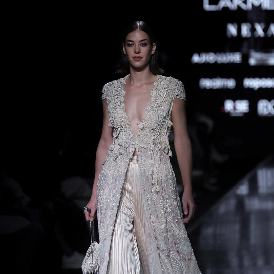 Multi Panelled floor-length Jacket Embellished with Fine Pearl and Bug –  Abhishek Sharma