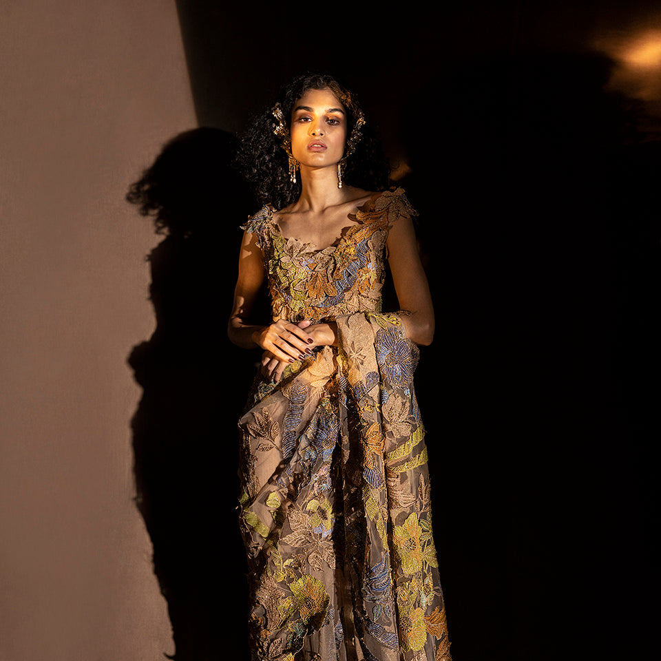Multicolour net saree with layered draped embroidery blouse – elegant festive ensemble, pre-pleated draped saree, western saree