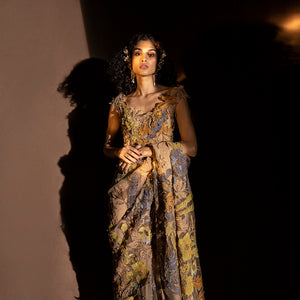 Multicolour net saree with layered draped embroidery blouse – elegant festive ensemble, pre-pleated draped saree, western saree