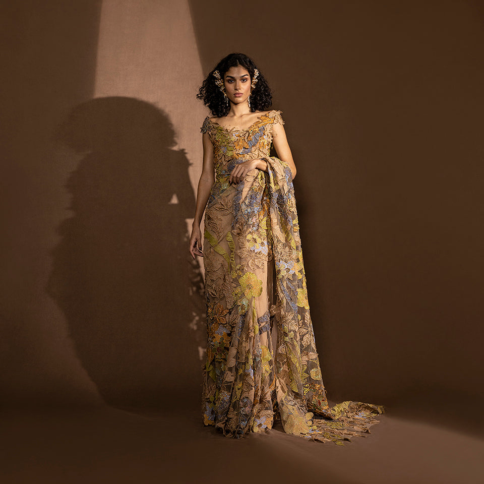 Women's multicolour net saree with floral layered embroidery and sculpted blouse – modern festive draped saree, statement eveningwear