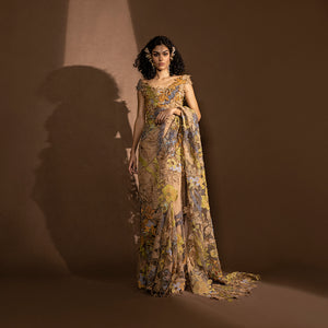 Women's multicolour net saree with floral layered embroidery and sculpted blouse – modern festive draped saree, statement eveningwear