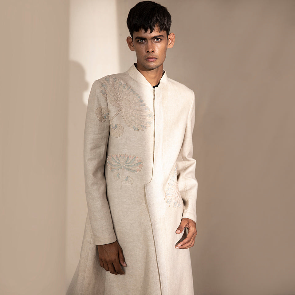 Natural linen sherwani with lotus motifs – breathable formal Indian attire with heritage embroidery, 
