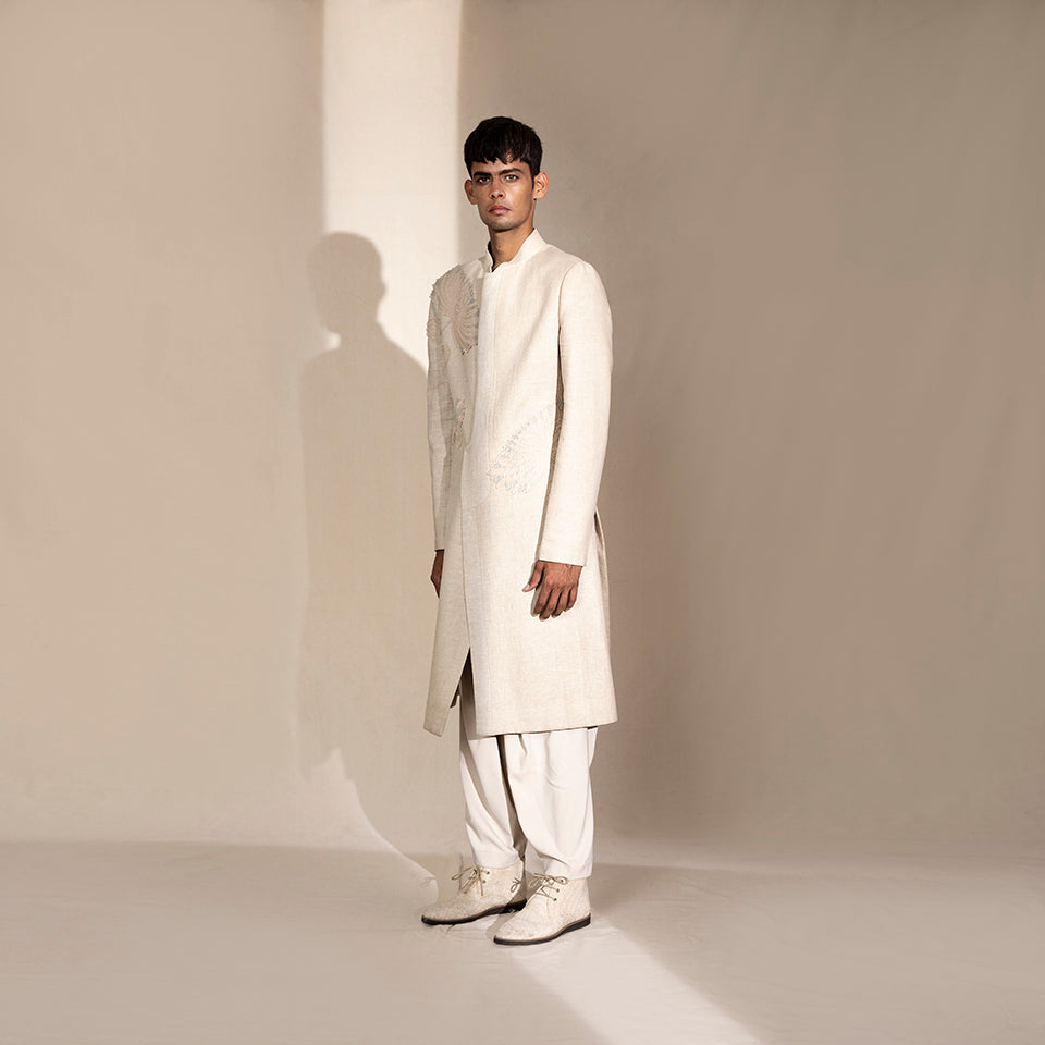NATURAL LINEN SHERWANI WITH LOTUS MOTIFS – Abhishek Sharma
