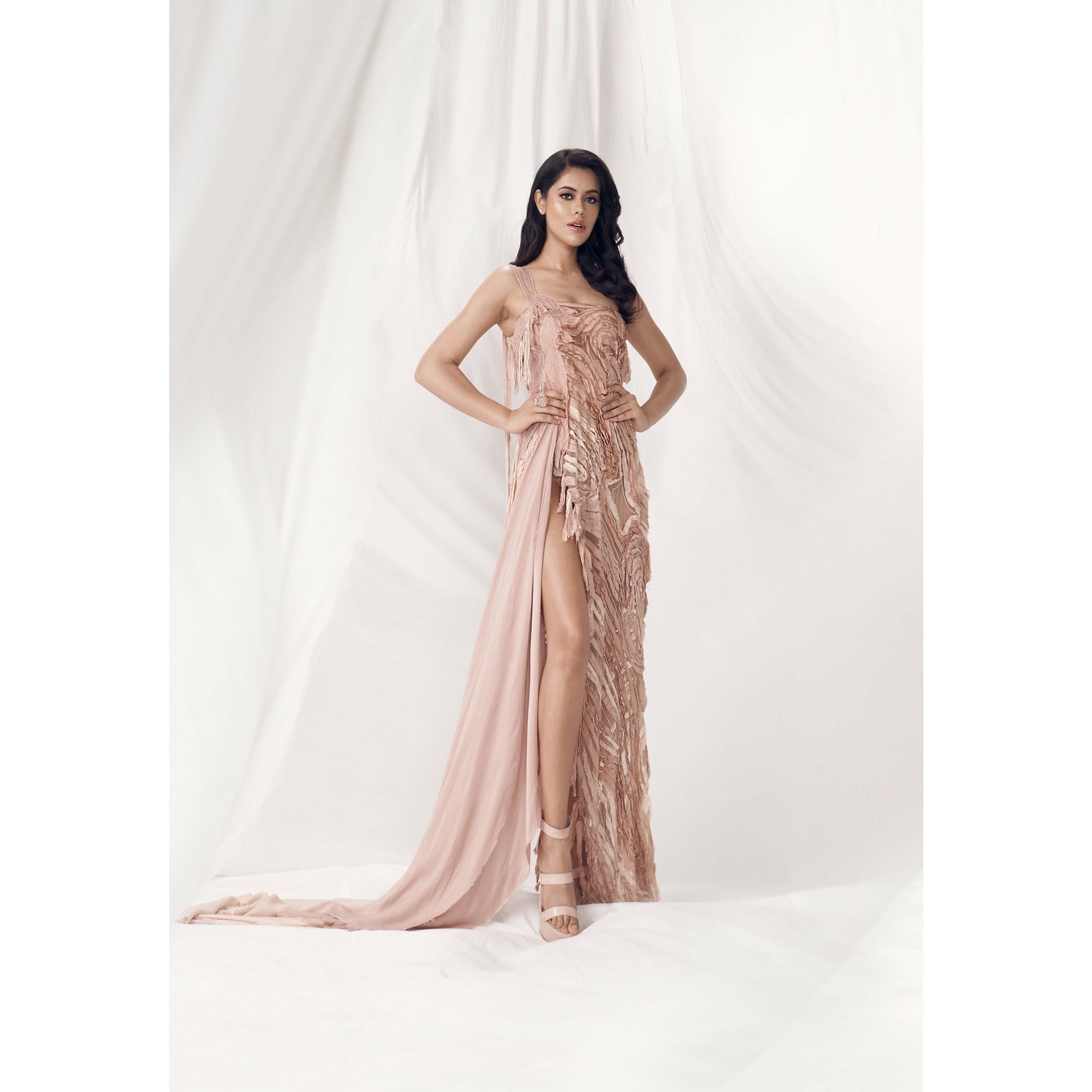 Off-Shoulder Dress with Frayed Chiffon – Abhishek Sharma