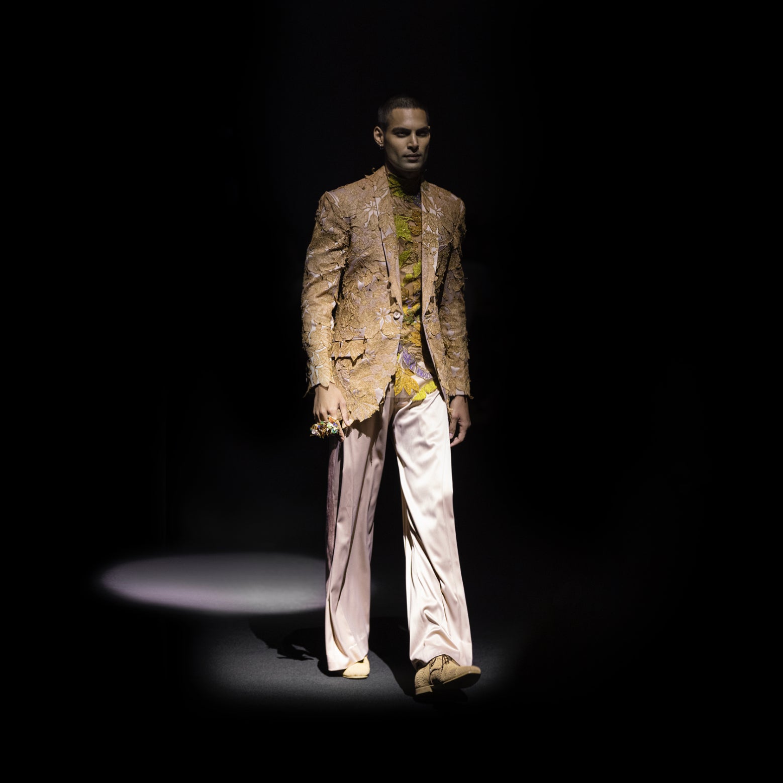 Men's blush pink satin pants with gold metallic embroidered jacket – contemporary couture cocktail suit, runway menswear