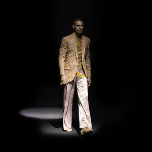 Men's blush pink satin pants with gold metallic embroidered jacket – contemporary couture cocktail suit, runway menswear