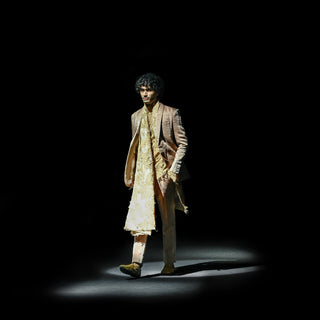 runway view of Men's metallic pleated jacket over embroidered sherwani set – fusion formalwear with textural layering, designer ethnic suit