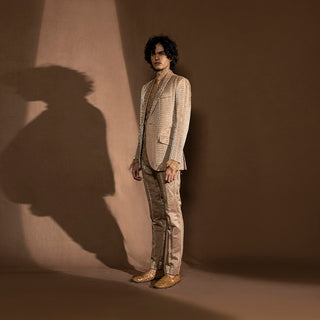 Men's side view of metallic pleated one-button suit with lace detailing – minimalist formal cocktail look, designer menswear