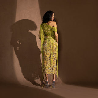 back view of Women's back view of fringe draped top with sheer floral embroidered skirt – asymmetrical co-ord partywear set