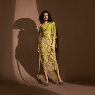 front view of Women's asymmetric draped fringe top with floral embroidered pencil skirt – co-ord party set, crop top and skirt look