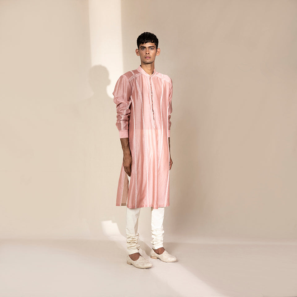 full body view of Men's blush pink panelled kurta with subtle sheen and structured shoulders – refined festive ethnicwear