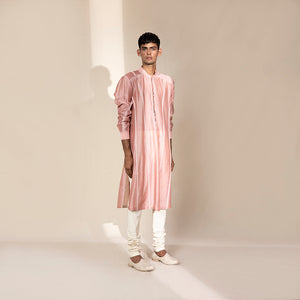 full body view of Men's blush pink panelled kurta with subtle sheen and structured shoulders – refined festive ethnicwear