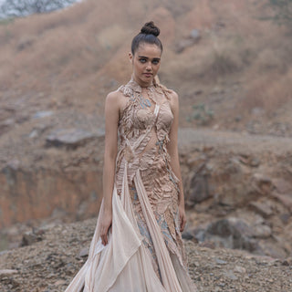 Women's pastel pink designer gown with 3D foliage appliqué and fluid drapes – couture red carpet look