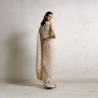 back view of Women's blush chikankari saree with sunburst hem embroidery and sleeveless embroidered blouse – artisanal drape for traditional festivities