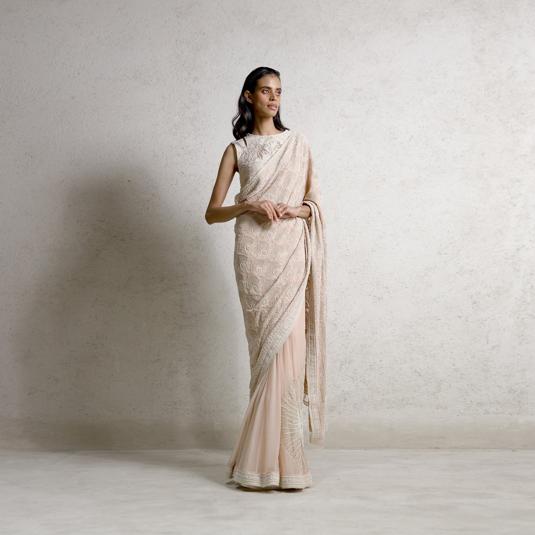 full length of Women's pre-draped chikankari saree with jaali embroidery and net pleats – artisanal elegance for wedding receptions