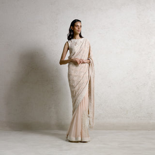 full length of Women's pre-draped chikankari saree with jaali embroidery and net pleats – artisanal elegance for wedding receptions