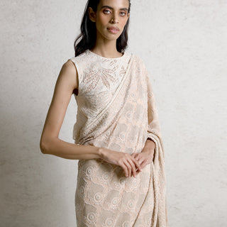upperbody shot of Women's blush chikankari saree with circular jaali motifs and sleeveless embroidered blouse – handcrafted elegance for formal festive occasions