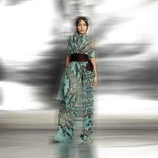 Reef printed and textured one-off shoulder draped top – oceanic themed asymmetric top, coord set