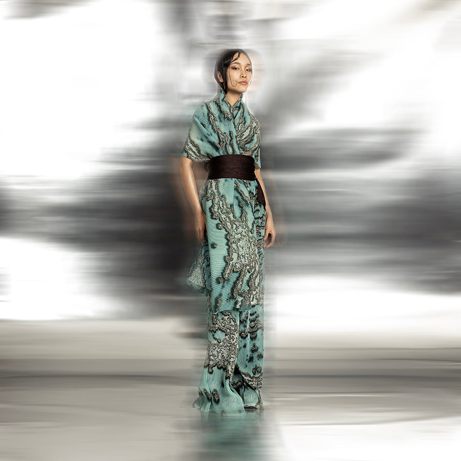 Women's reef printed coord set with sculpted draped top and contrast waist sash – asymmetric oceanic silhouette for contemporary styling