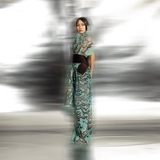 Women's reef inspired draped coord set with one-off shoulder top and structured sash – contemporary oceanic look with artistic flow