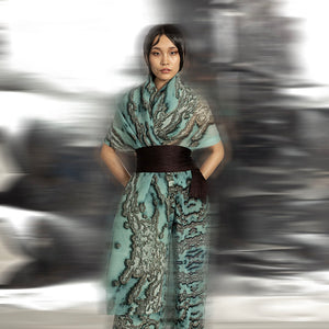 Women's reef printed coord set with sculpted oceanic draped top and wide-leg pants – asymmetric statement outfit with cinched waist