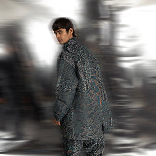 back view of Men's reef-inspired printed heat textured long jacket with side slit – structured coord set outerwear