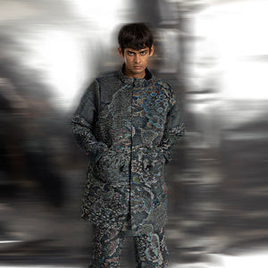 front view of Men's reef printed heat textured long jacket with minimal collar – modern coord set with artistic pattern