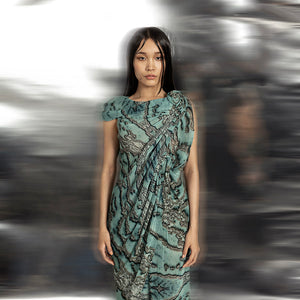 Reef printed pleated fluid wave draped georgette top – oceanic airy fashion top,modern silhouette, jumpsuit