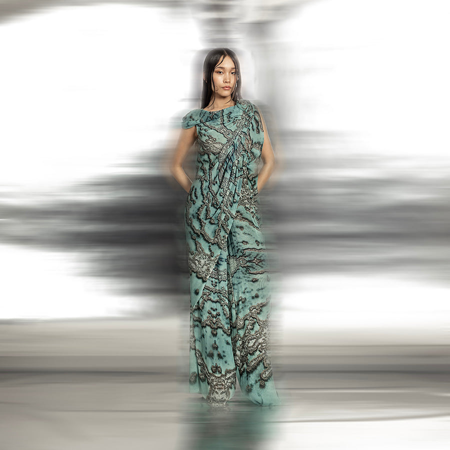 full length of Women's reef-printed georgette jumpsuit with sculpted pleated drape and fluid wide-leg silhouette – oceanic statement look