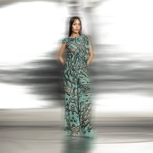 full length of Women's reef-printed georgette jumpsuit with sculpted pleated drape and fluid wide-leg silhouette – oceanic statement look