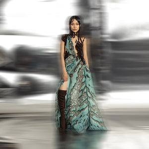 Women's reef printed asymmetrical gown with teal draped skirt and contrast embroidery – bold couture dress for cocktail or red carpet