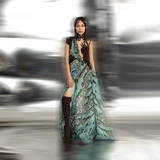 Women's reef printed asymmetrical gown with teal draped skirt and contrast embroidery – bold couture dress for cocktail or red carpet