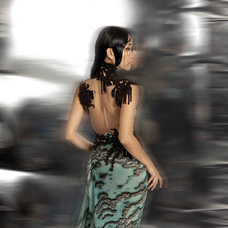 Women's reef printed asymmetrical gown with sheer back and beaded shoulder embroidery – artistic couture for cocktail and red carpet