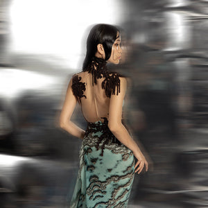 Women's reef printed asymmetrical gown with sheer back and beaded shoulder embroidery – artistic couture for cocktail and red carpet