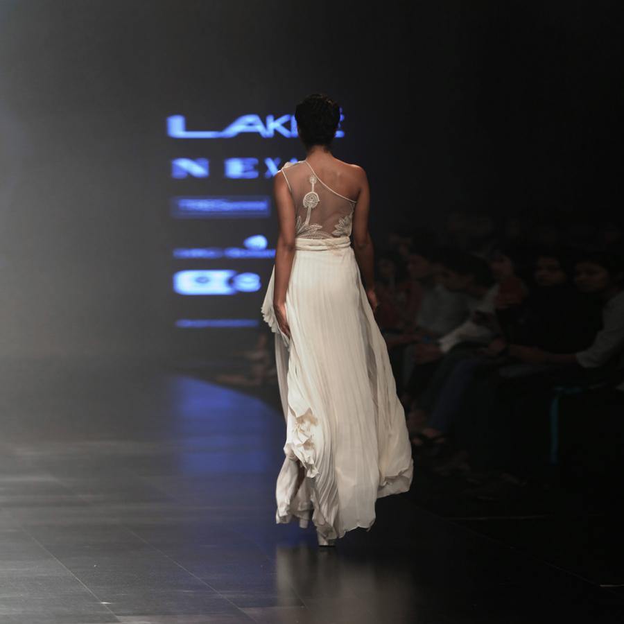 One off shoulder pleated dress with sheer back. Abhishek sharma, abhishekstudio
