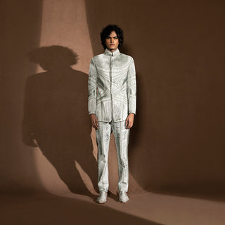 Sculpted Bandhgala draped with silk yarn – artistic textured Indian jacket, fusion menswear,cocktail suit