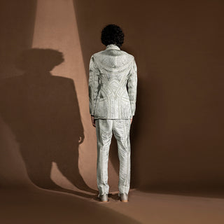 back view of Men's sculptural Bandhgala with silk yarn embroidery and tailored back panel – artistic fusion ensemble with architectural contouring for cocktail or occasion wear