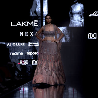 Silk organza multi-panelled lehenga with 3D crystalised fern applique – ethereal couture ensemble,  artistic bridal couture, reception look