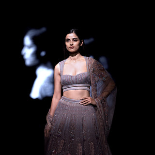 Women's silk organza lehenga with crystal fern applique and sculpted blouse – ethereal bridal couture for modern receptions